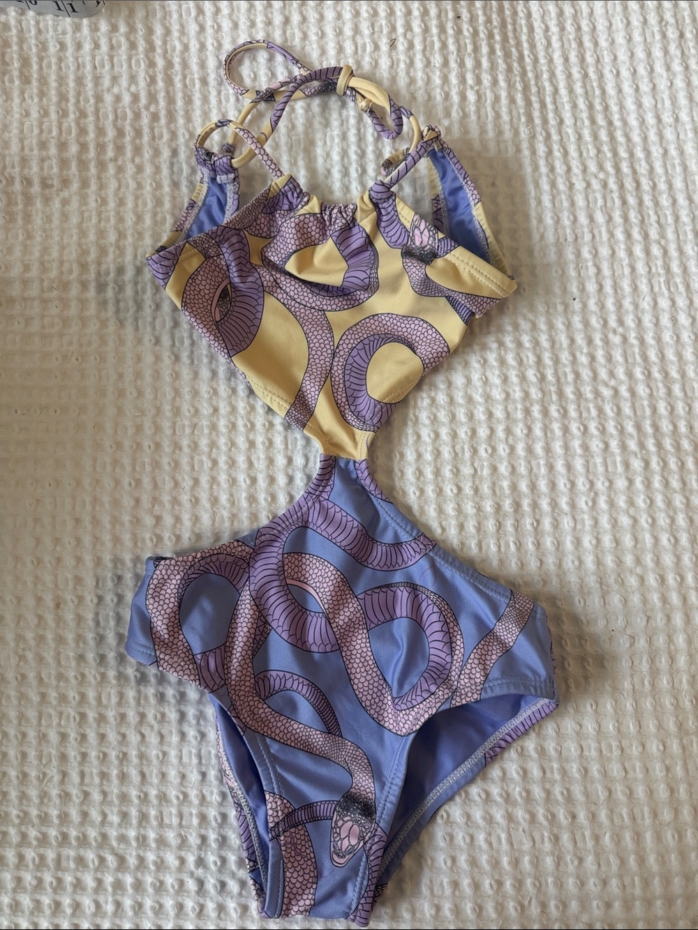 Kids Mola Mola  One-Piece cutout swim in Lavender and Yellow with Snake Print